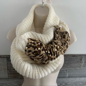 Betsey Johnson cream knit infinity scarf with leopard bow and gold sequins